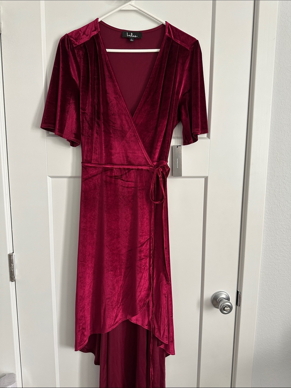 Lulu's Wine Red Velvet Wrap High-Low Dress